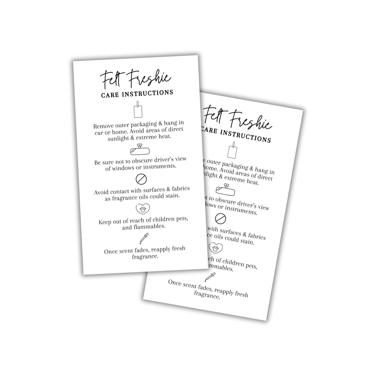 Felt Sublimation Car Air Freshener Care Instructions Cards 50pk 2x3.5” Freshie Hanger Aroma Bead Client Packaging Thank You Bags Labels