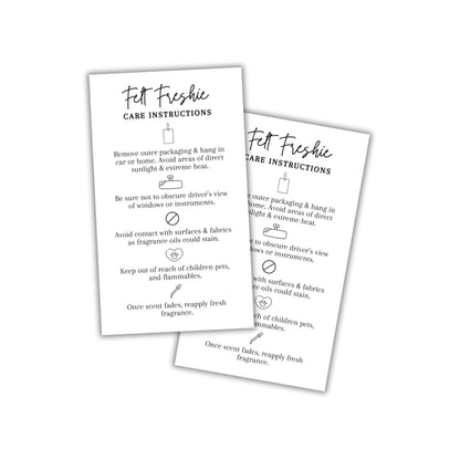 Felt Sublimation Car Air Freshener Care Instructions Cards 50pk 2x3.5” Freshie Hanger Aroma Bead Client Packaging Thank You Bags Labels