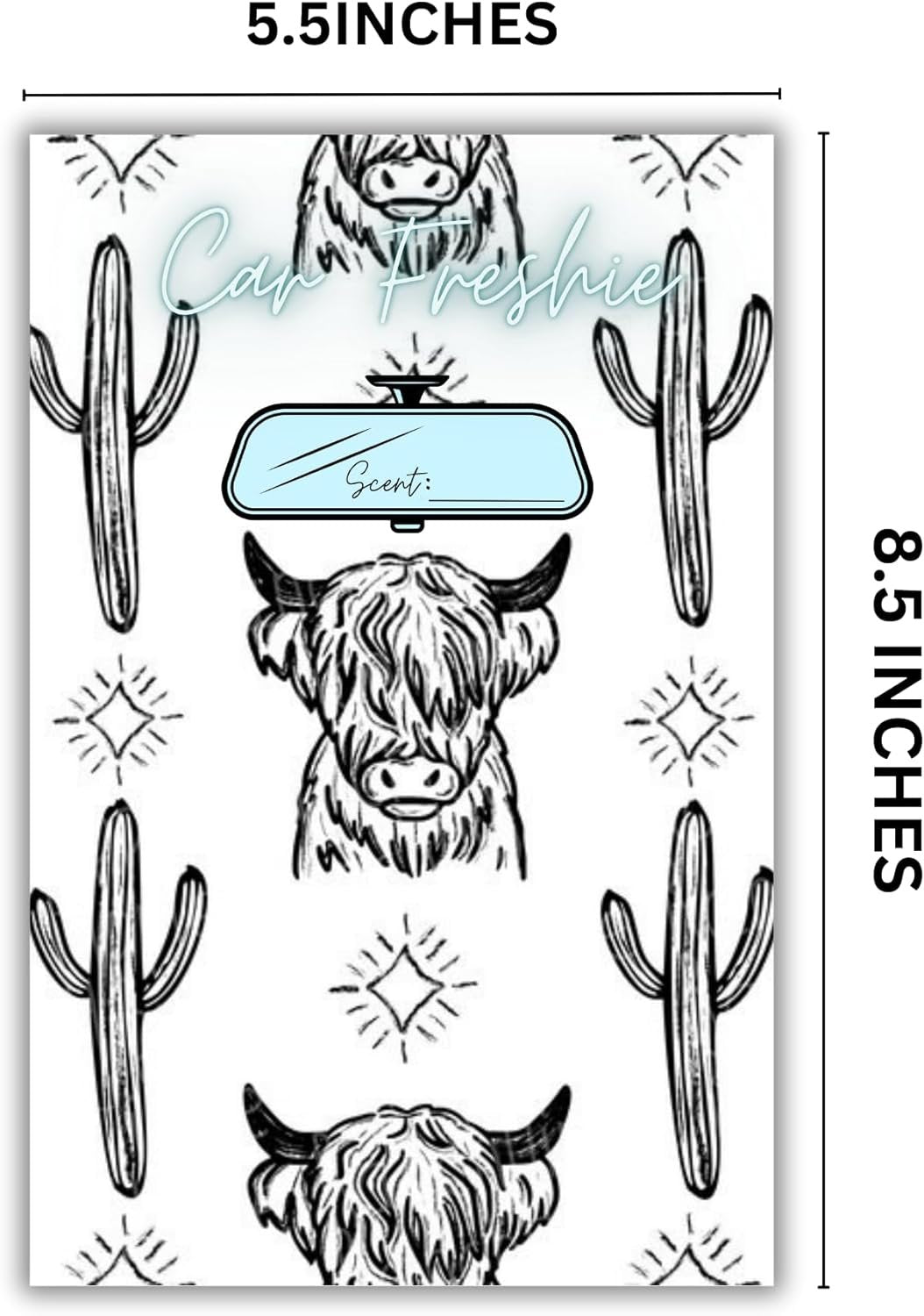 Car Freshie Insert Cards | 50 pk 5.5x8.5” Cactus Cow Modern Simple, fits in 6x9” for Holographic Bags Freshie Scent Label Care Instruction Cardstock