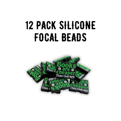 Books Are Cheaper Than Therapy Silicone Focal Bead 12pk Bulk 0.95x1.15” Beadable Pens Black Green Daisy Bookworm Reader Gift Lover