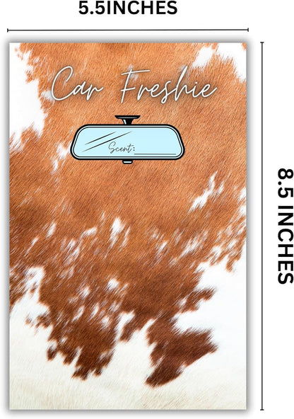 Car Freshie Insert Cards | 50 pk 5.5x8.5” Cow Print Western, fits in 6x9” for Holographic Bags Freshie Scent Label Care Instruction Cardstock