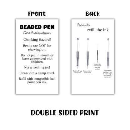 Beaded Pens Care Instruction Cards 50pk 2x3.5” Beadable Blanks for Clients Focal Beads Crafters Keychain Makeup Bottle Opener Bubblegum