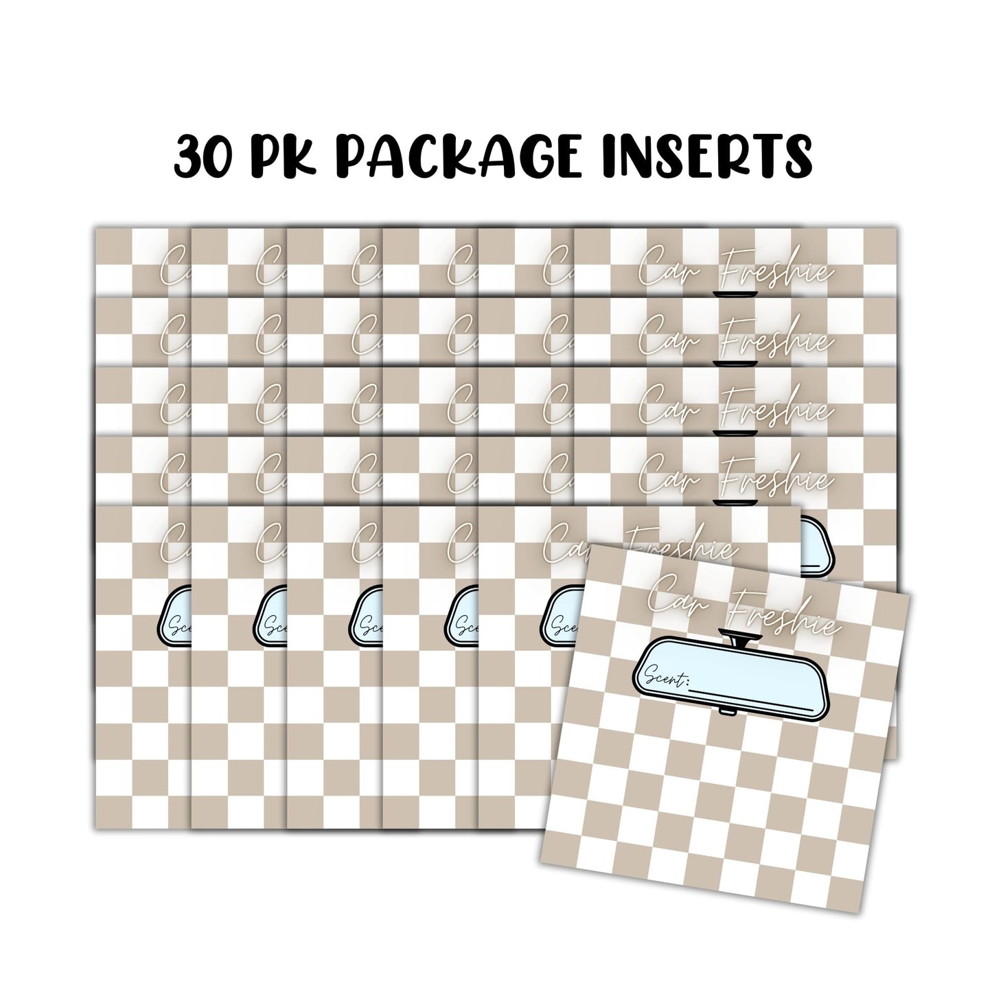 Tan Checkered Freshie Cardstock Insert for Holographic Bag 30pk 5.6x5.6” for 6” Square Bags Car Freshies Rounds Vent Clips Care Instructions
