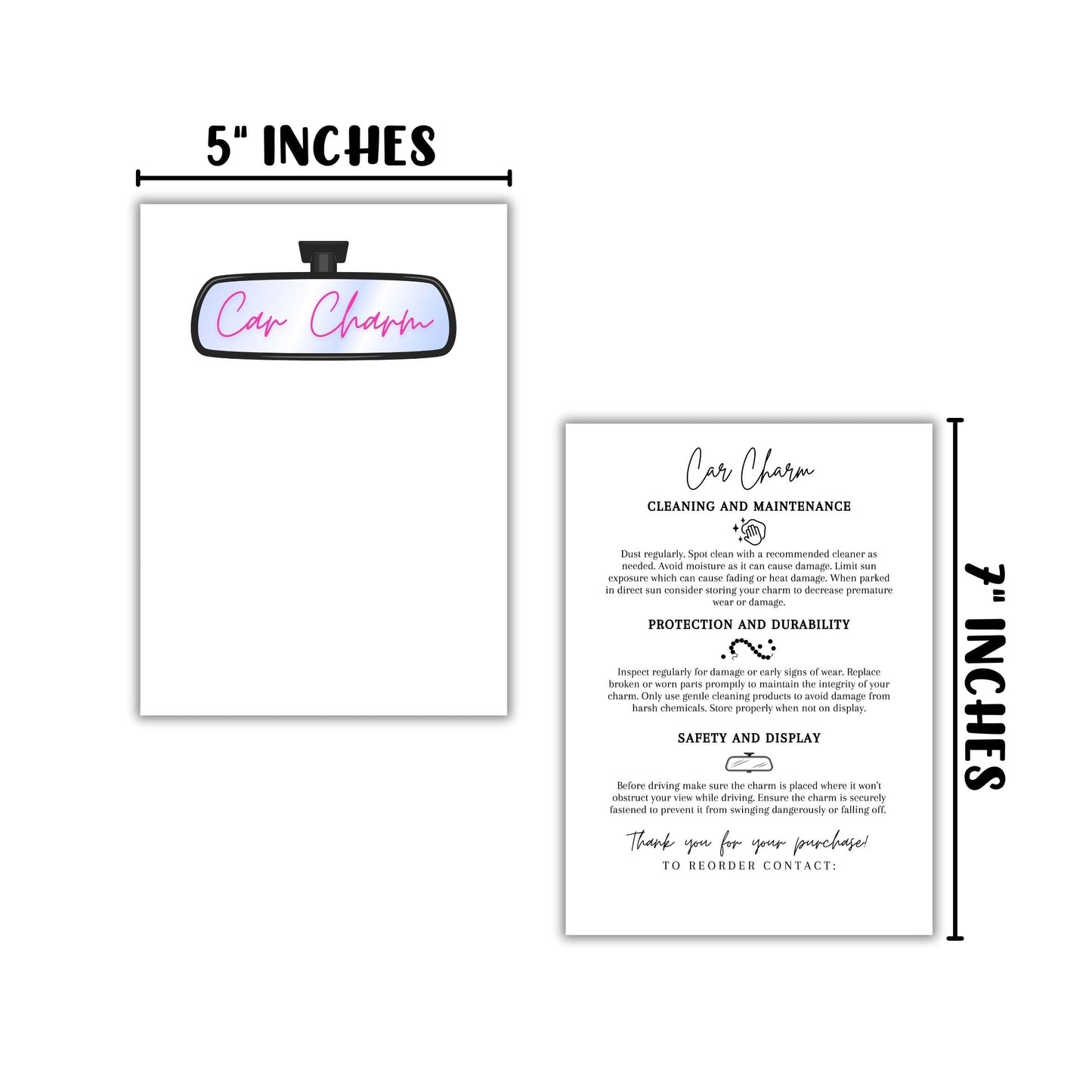 Car Charm Insert for Package Cardstock Care Instructions 50pk 5x7” for Customers Packaging Freshies Sublimation Hanging Rearview Mirror Gift