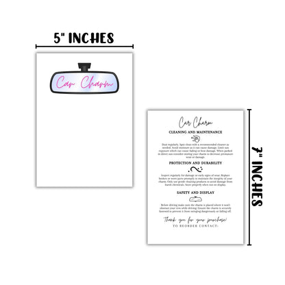 Car Charm Insert for Package Cardstock Care Instructions 50pk 5x7” for Customers Packaging Freshies Sublimation Hanging Rearview Mirror Gift
