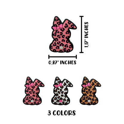 Leopard Print Bunny Rabbit with Pink Bow 3D Silicone Focal 12pk Bulk 1.17x0.87” Beadable Pens Mixed Assorted Country Chic Cheetah Easter