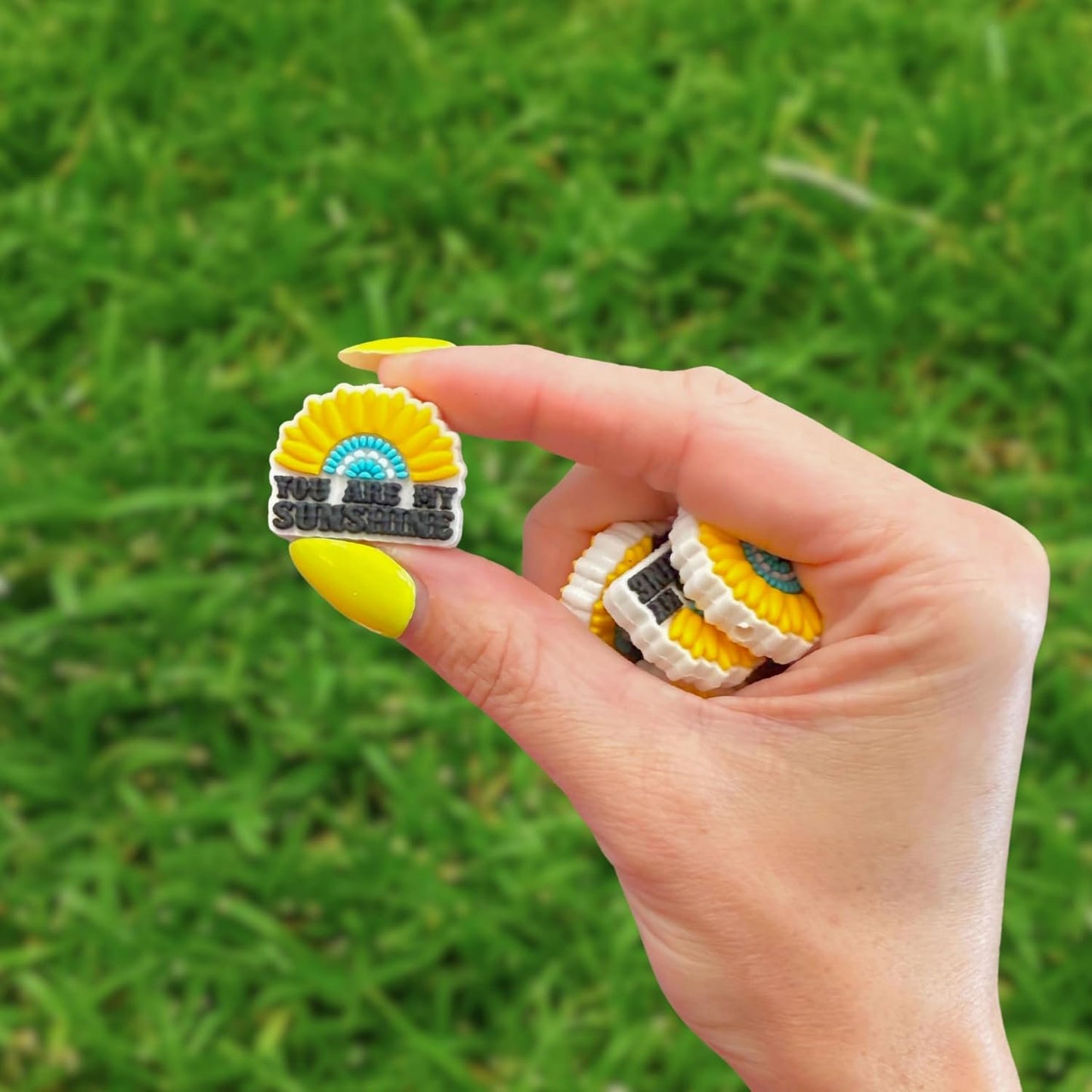 You Are My Sunshine Focal Bead Silicone Sunflower 12pk 1.2x0.95” Teal Turquoise Beadable Pen Bulk  Phrase Saying DIY Charm Keychain