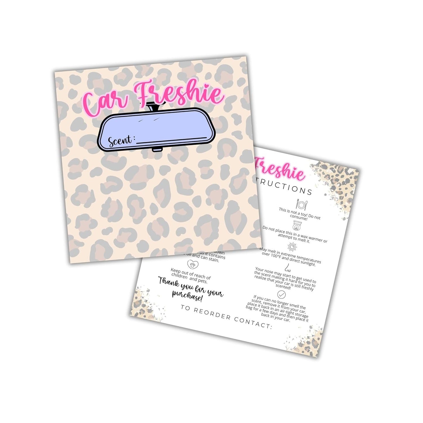Leopard Print Cheetah Cardstock Inserts for Car Freshie Bags 30pk 5.6x5.6” Packaging Care Instructions Ideal for Sacks 6” Square Backers for Customers Country