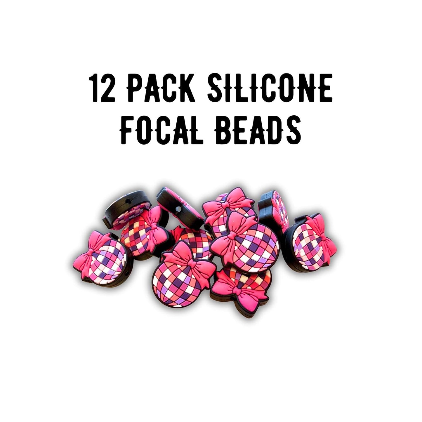 Disco Ball Purple Pink Bow Silicone Focal Bead 12pk Bulk 1.08x1.03” Retro 90’s Country Chic Beadable Pen 2 Holes Slider Dance Keychain