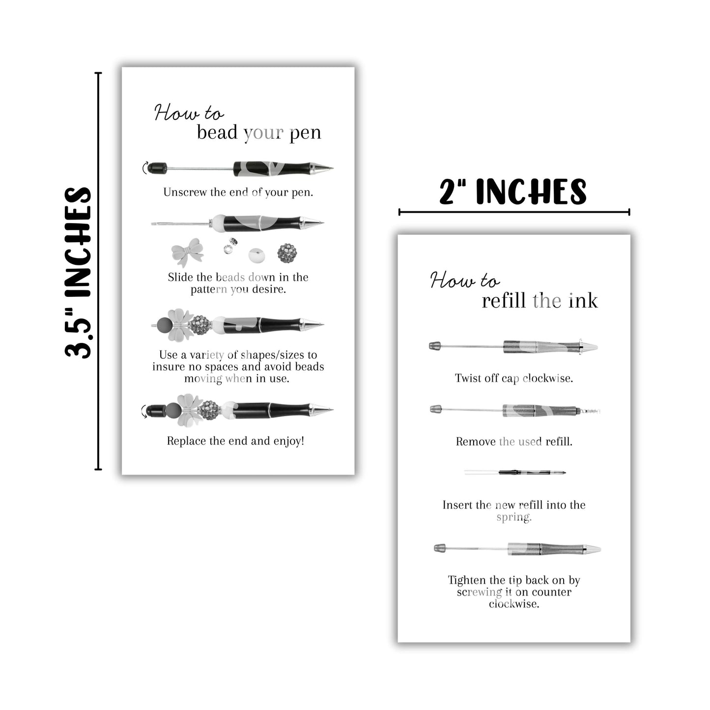 How To Bead Your Pen with Focal Beads and Refill the Ink Instruction Cards Cards 50pk 2x3.5” For DIY Beadable Pen Crafters Sellers Packaging