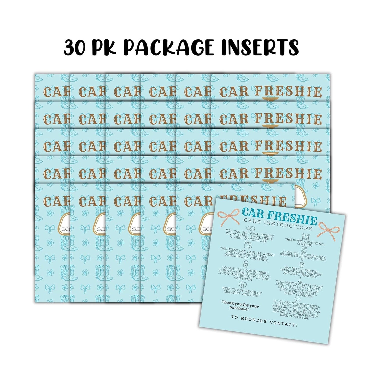 Teal Cowgirl Boots Rope Cardstock Inserts for Freshie Bags 30pk 5.6x5.6” Packaging Care Instructions Ideal for Sacks 6” Square Backers for Customers Country Chic