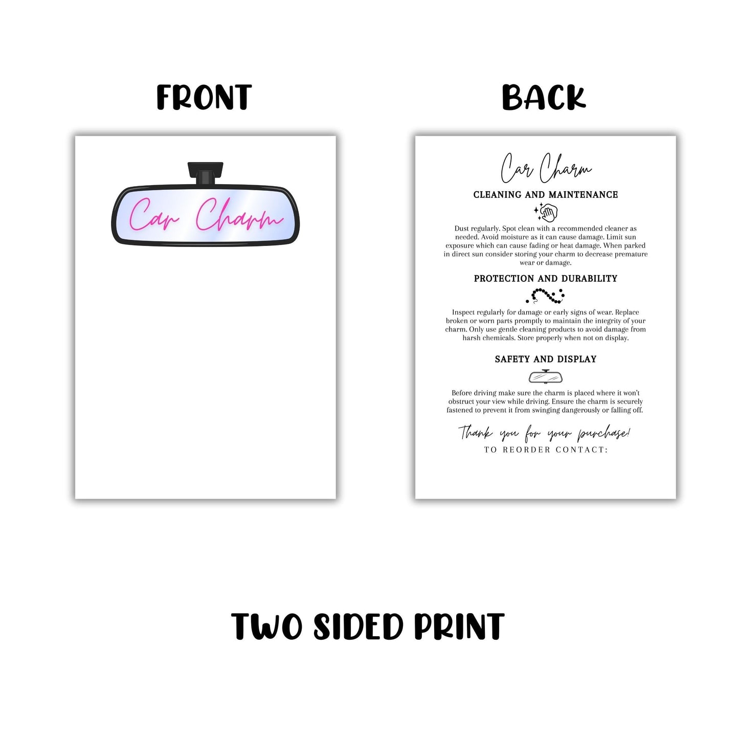 Car Charm Insert for Package Cardstock Care Instructions 50pk 5x7” for Customers Packaging Freshies Sublimation Hanging Rearview Mirror Gift