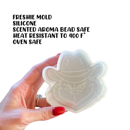 Grouch in Cowboy Hat Green Monster Stole Christmas Car Freshie Silicone Mold 4.1x4.1x0.8” Aroma Beads Holiday DIY Rounds Cardstock Oven Safe