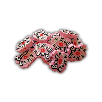 Burn Book Pink Silicone Focal Bead 12pk Bulk 1x1.2” Mean 90’s Retro Character Movie Lips Funny Beadable Pen Girls Keychain Letters