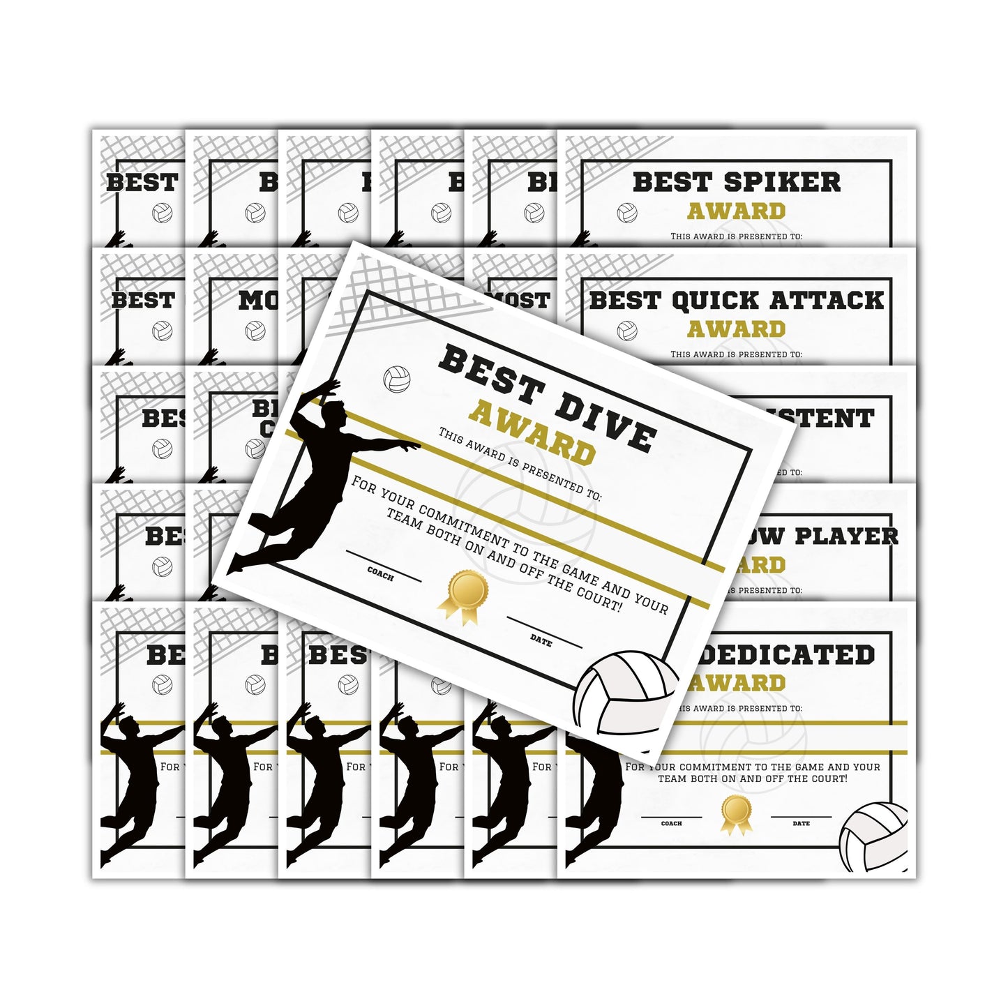 Mens Volleyball Athletic Achievement Awards 31pk Unique 8.5x11” Superlative Certificates MVP Youth Sports Spirit Sportsmanship End of Year Recognition Team