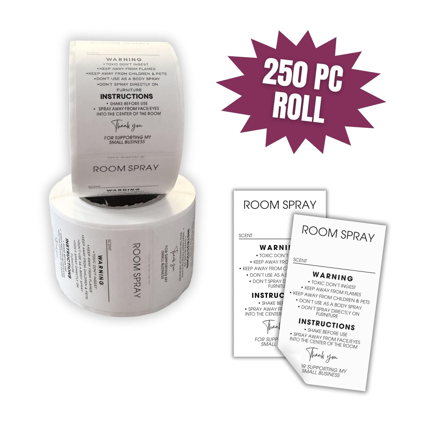 Room Spray Instruction Stickers for Bottles with Write In Scent Area 250pc Roll 1.25x2.25” Minimalist Modern Label Warning Fragrance