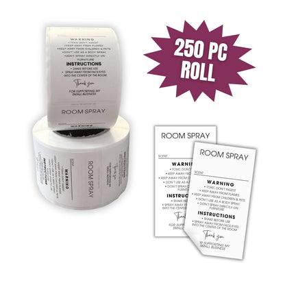 Room Spray Instruction Stickers for Bottles with Write In Scent Area 250pc Roll 1.25x2.25” Minimalist Modern Label Warning Fragrance
