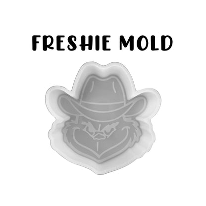Grouch in Cowboy Hat Green Monster Stole Christmas Car Freshie Silicone Mold 4.1x4.1x0.8” Aroma Beads Holiday DIY Rounds Cardstock Oven Safe