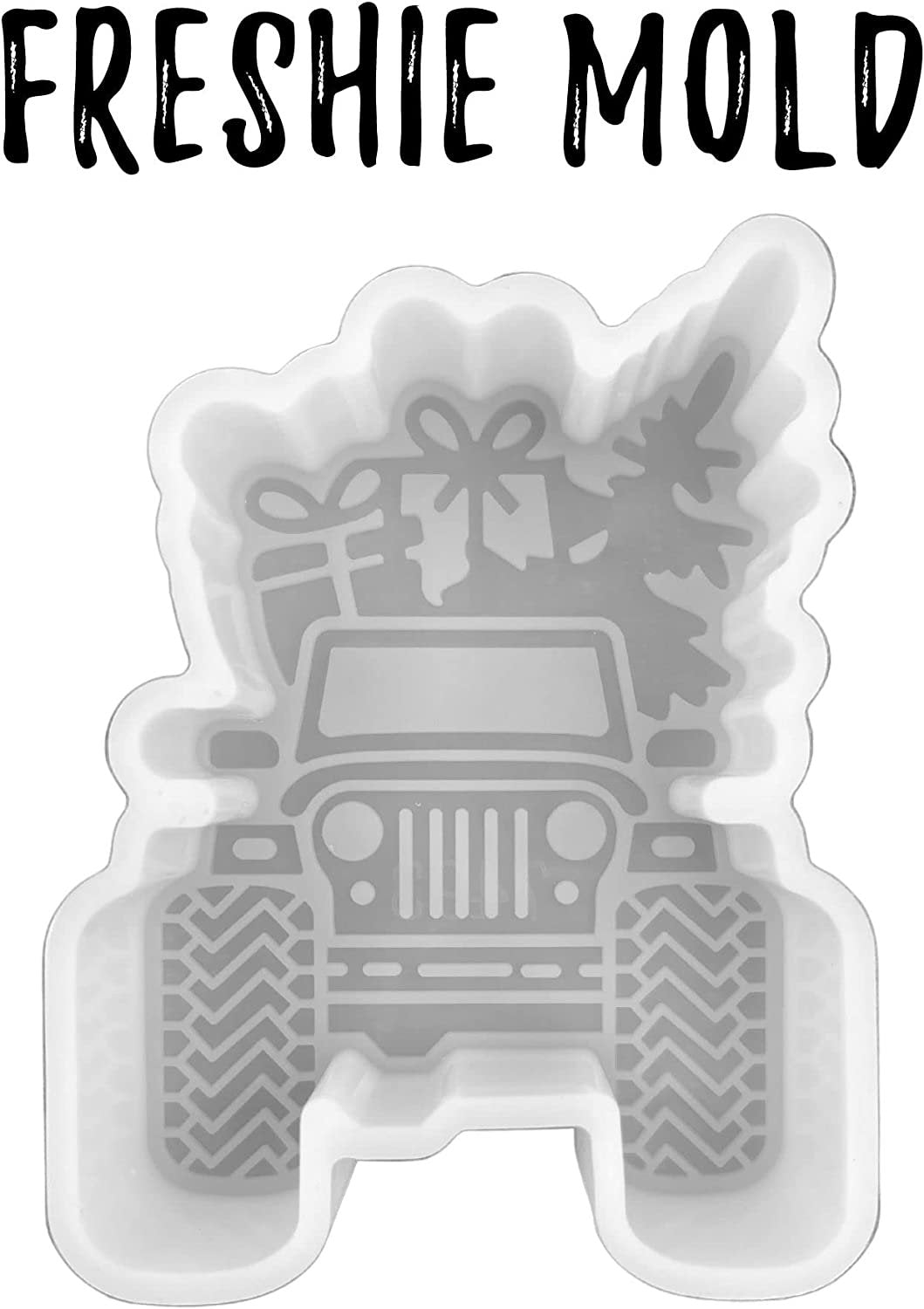 Christmas Tree Truck SUV Grill Holiday Presents Car Freshie Mold for Scented Cured Aroma Beads 3.9x3x0.8”D Country Resin, Car Candle, Soap, Freshie Oven Safe Silicone Heat Resistant Duck