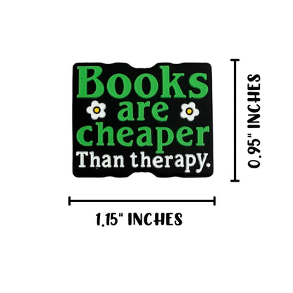 Books Are Cheaper Than Therapy Silicone Focal Bead 12pk Bulk 0.95x1.15” Beadable Pens Black Green Daisy Bookworm Reader Gift Lover