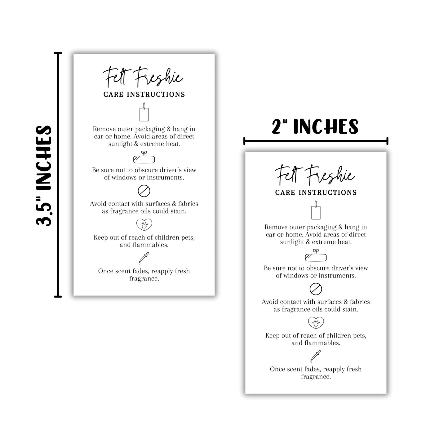 Felt Sublimation Car Air Freshener Care Instructions Cards 50pk 2x3.5” Freshie Hanger Aroma Bead Client Packaging Thank You Bags Labels