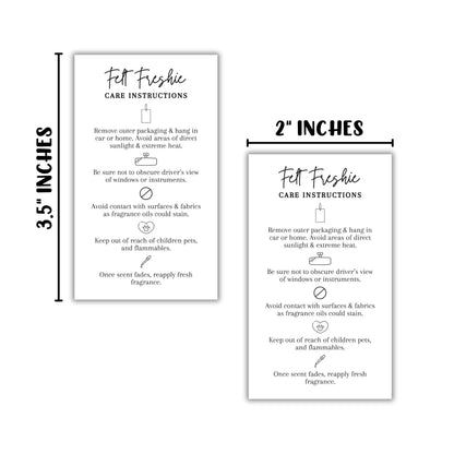 Felt Sublimation Car Air Freshener Care Instructions Cards 50pk 2x3.5” Freshie Hanger Aroma Bead Client Packaging Thank You Bags Labels