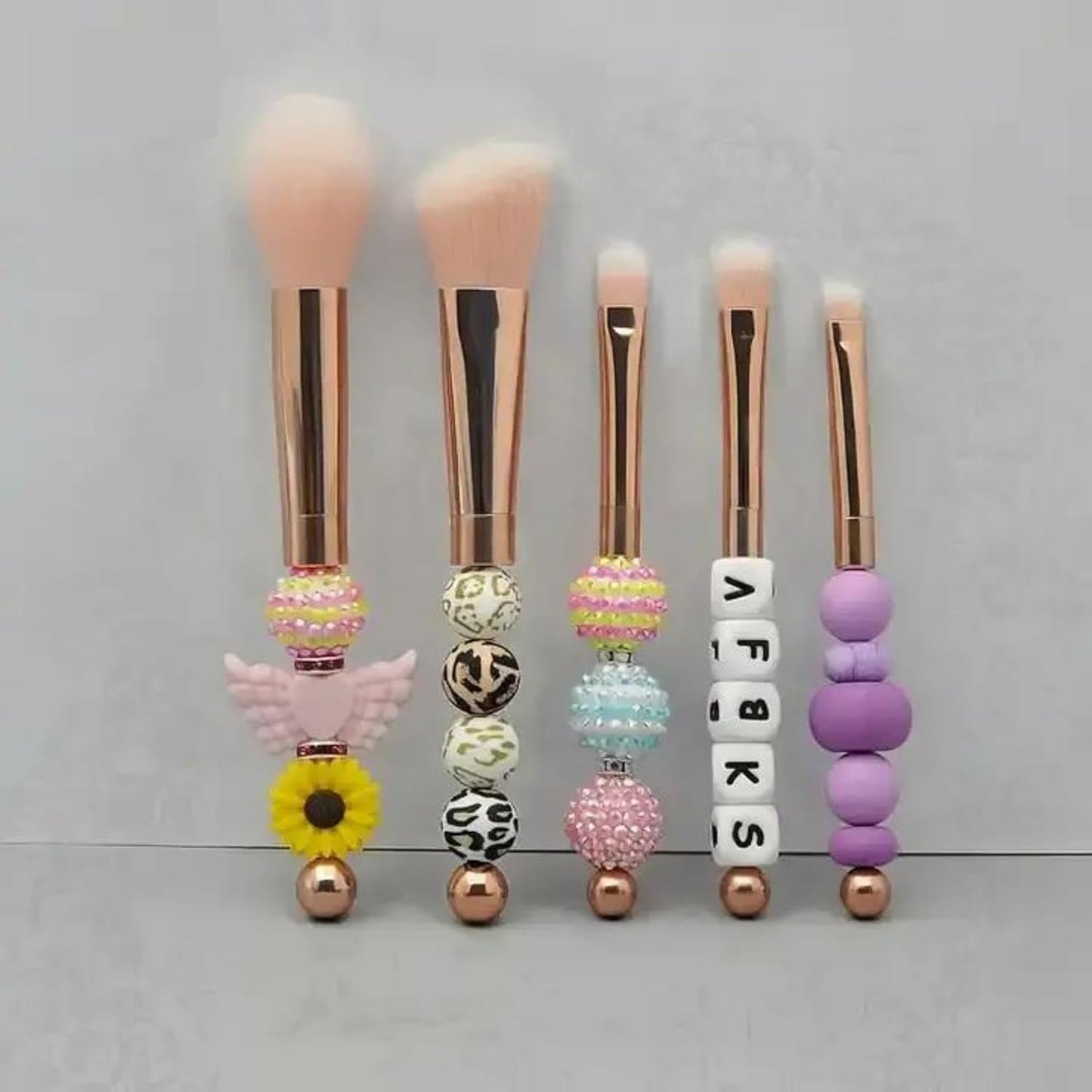 Rose Gold Beadable Makeup Brushes | Set of 5 for Silicone Focal Beads Bubble Gum In Bulk DIY Cosmetic Synthetic Eyeshadow Foundation