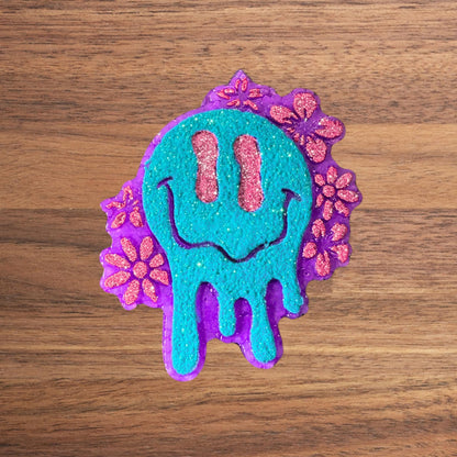 Drip Smiley Face with Flowers Silicone Freshie Mold 5x4” 90’s Retro Trendy Drippy Car Candle Freshener Oven Safe Bake Unique Checkered