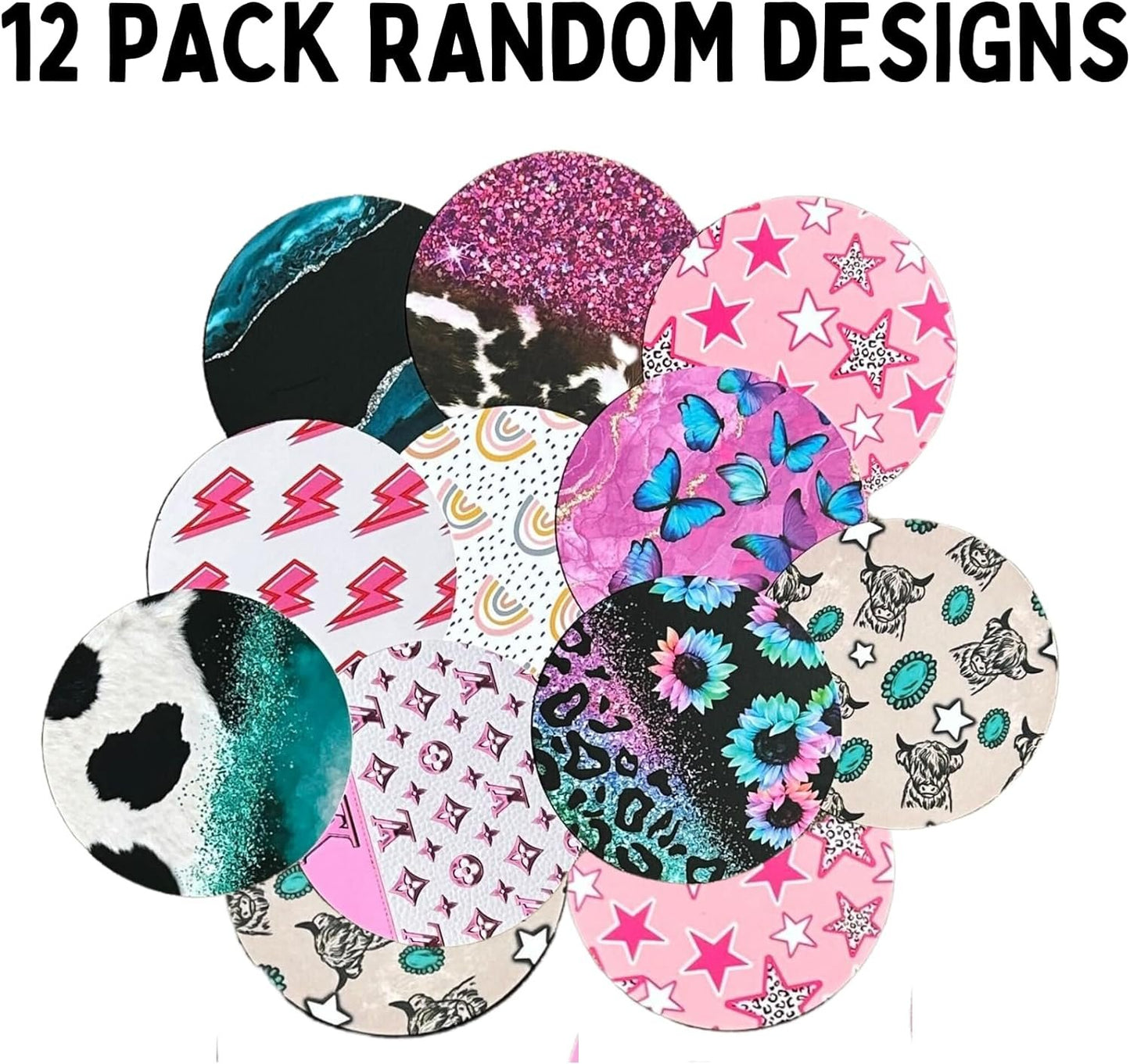 Boujee Patterns Freshie Cardstock Cutouts Rounds 2.5” inch | 12 pk Mixed Scented Aroma Beads Bake for Car Freshie Designs Inserts Marble Butterfly Lightning Bolt Highland Cow