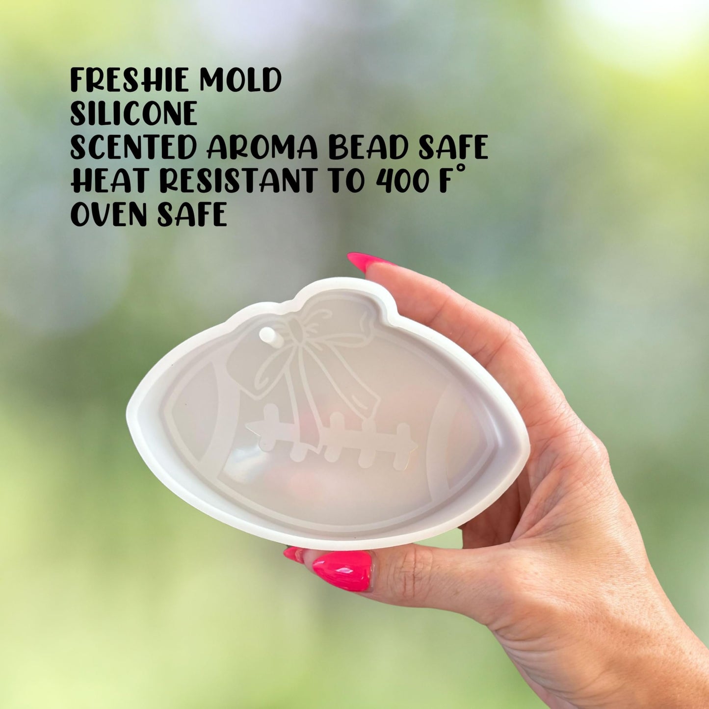 Football with Bow Silicone Freshie Mold 4.6x3.25” Car Freshener Fall Sports Boo Team College Aroma Oven Safe Manly Spirit Scented Beads