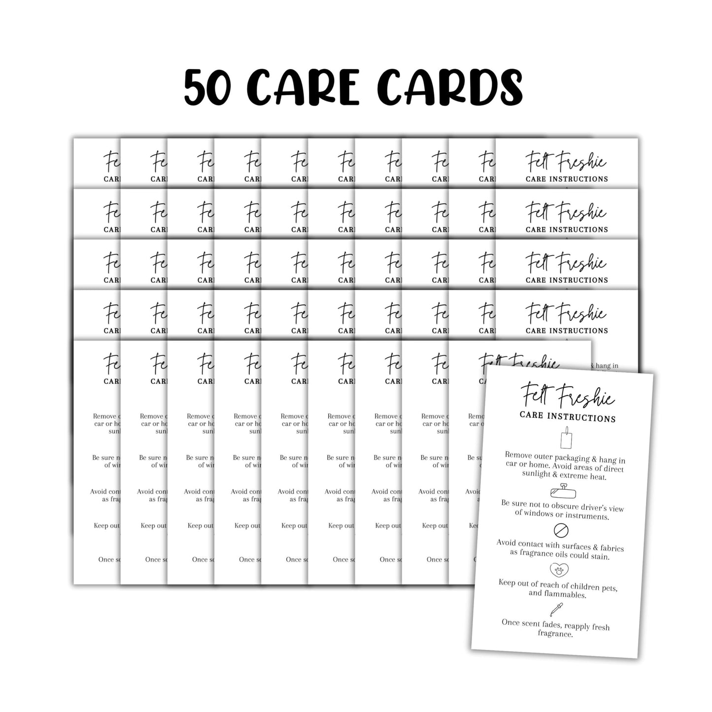 Felt Sublimation Car Air Freshener Care Instructions Cards 50pk 2x3.5” Freshie Hanger Aroma Bead Client Packaging Thank You Bags Labels