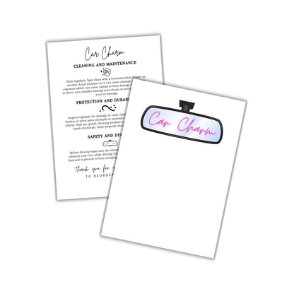 Car Charm Insert for Package Cardstock Care Instructions 50pk 5x7” for Customers Packaging Freshies Sublimation Hanging Rearview Mirror Gift