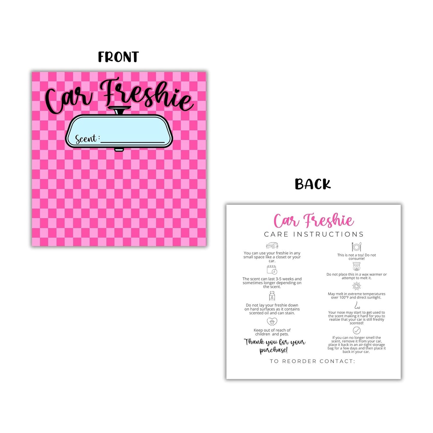 Pink Checkered Cardstock Inserts for Freshie Bags 30pk 5.6x5.6” Packaging Care Instructions Ideal for Sacks 6” Square Backers for Customers Minimalist