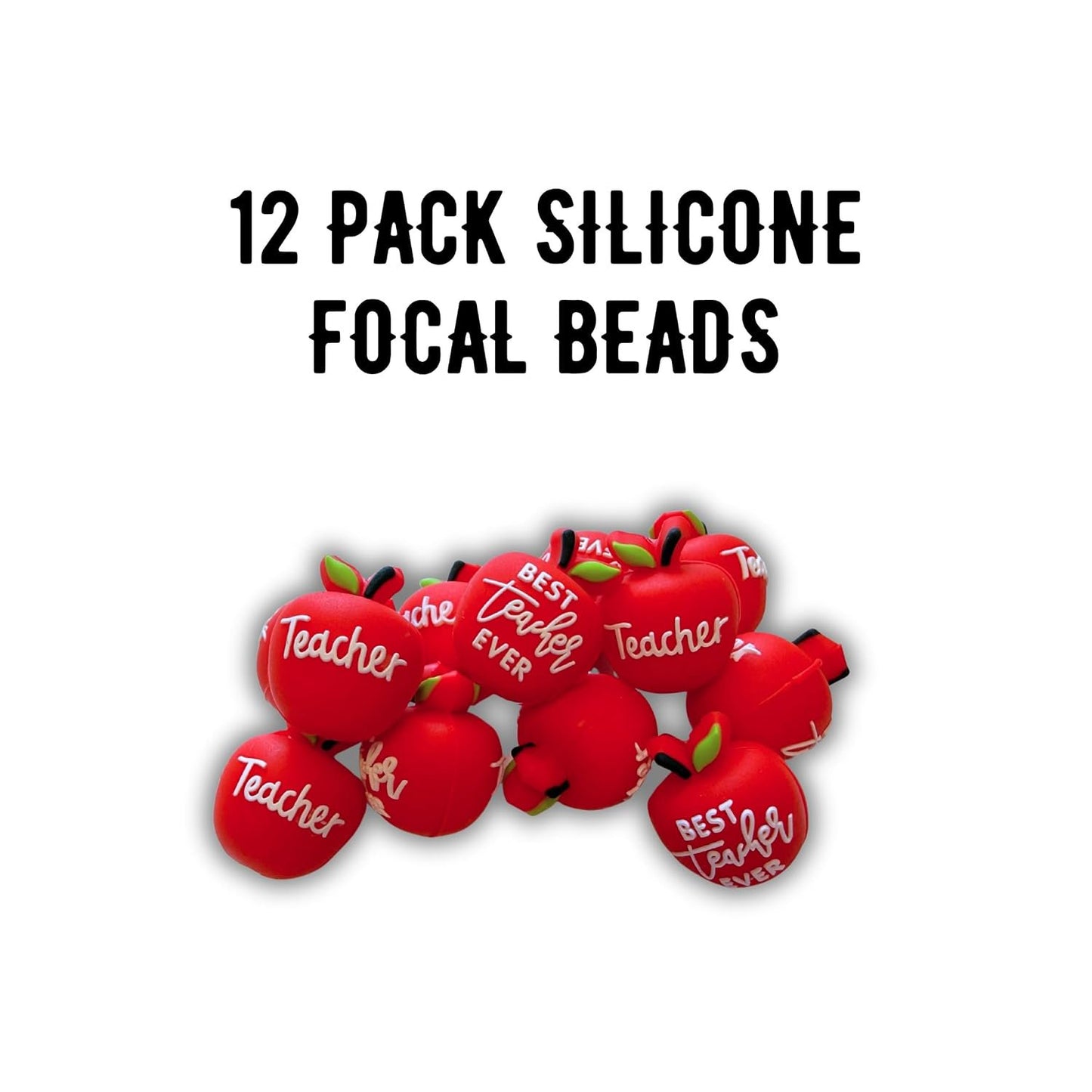 Best Teacher Ever Red Apple 3D Silicone Focal Bead 12pk Bulk 0.86x0.72” School Year Gift Beadable Keychain Pens 2 Hole DIY Kit Elementary