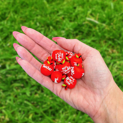 Best Teacher Ever Red Apple 3D Silicone Focal Bead 12pk Bulk 0.86x0.72” School Year Gift Beadable Keychain Pens 2 Hole DIY Kit Elementary
