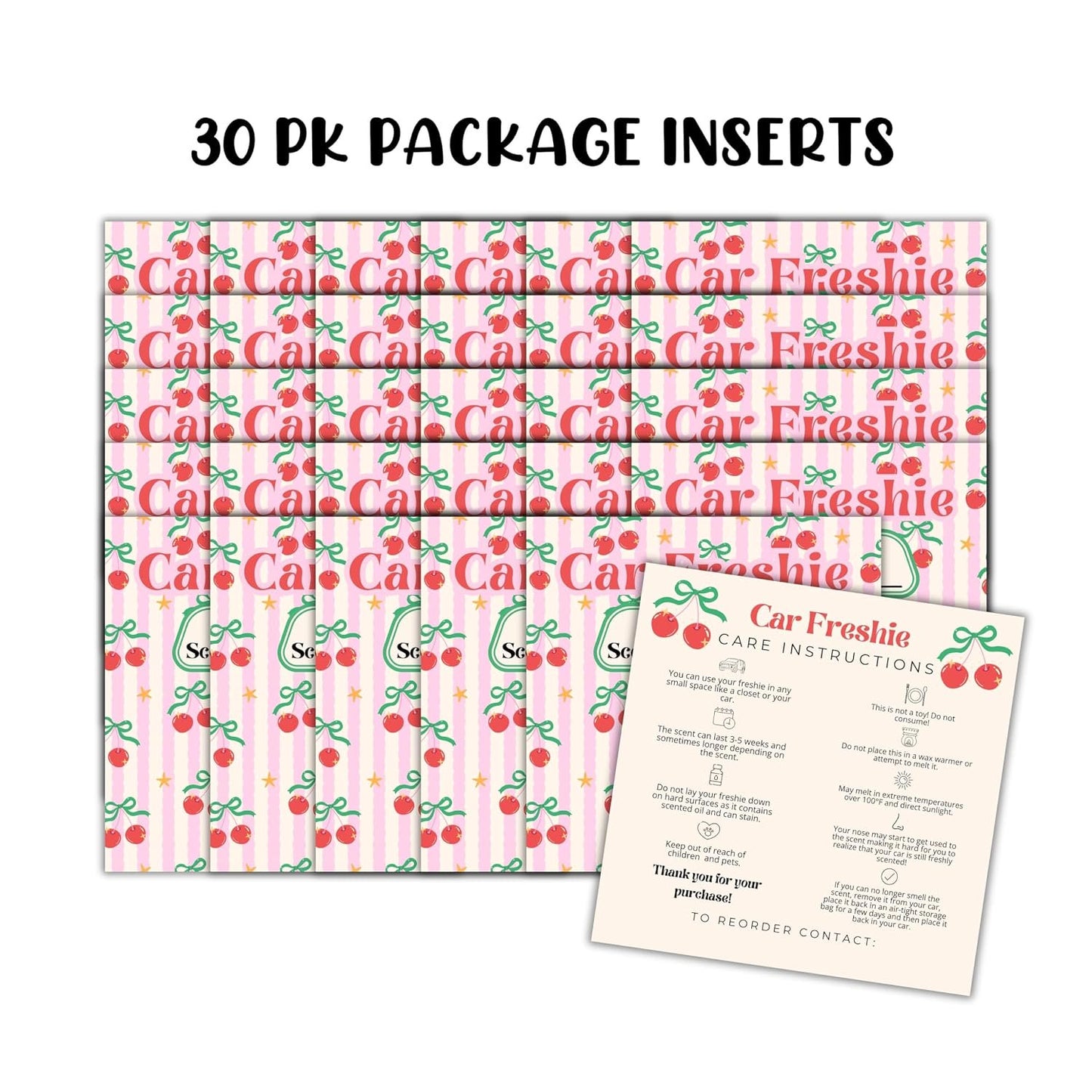 Cherry Stripes Retro Cardstock Inserts for Freshie Bags 30pk 5.6x5.6” Packaging Care Instructions Ideal for Sacks 6” Square Backers for Customers Minimalist