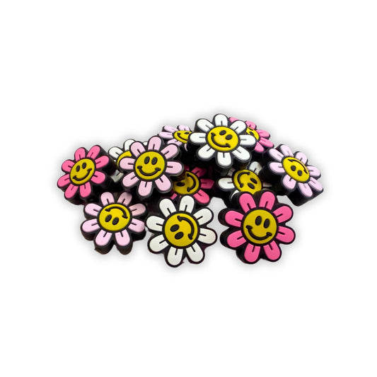 Smiley Face Daisy Flower Retro 90’s Baby Silicone Focal Bead 12pk Assorted Mixed Bulk Hot Pink 3 Colors 4 Each for Beadable Pens Keychains Freshie Hangers