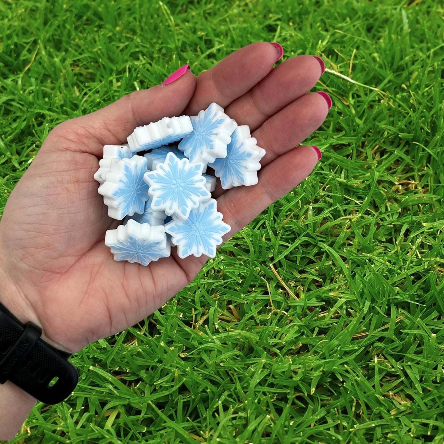 Lashicorn Blue White Snowflake Silicone Focal Bead | 12 Pack Christmas Holiday Winter for Freshie Hangers Beaded Pens 1.1” Wholesale Bulk Keychain Brushes