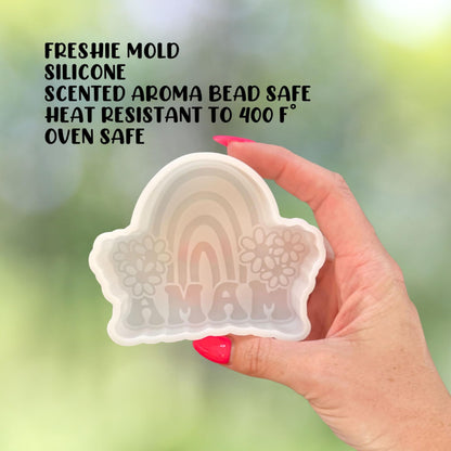 Mama Rainbow with Flowers Silicone Freshie Mold 4x3” Car Freshener Aroma Beads Hanger Mom Era Candle 90’s Retro Trendy Pride