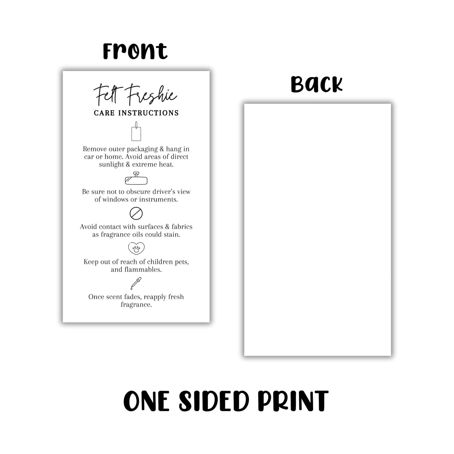 Felt Sublimation Car Air Freshener Care Instructions Cards 50pk 2x3.5” Freshie Hanger Aroma Bead Client Packaging Thank You Bags Labels
