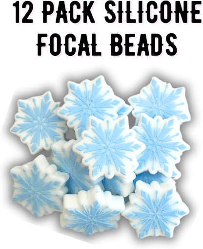 Lashicorn Blue White Snowflake Silicone Focal Bead | 12 Pack Christmas Holiday Winter for Freshie Hangers Beaded Pens 1.1” Wholesale Bulk Keychain Brushes