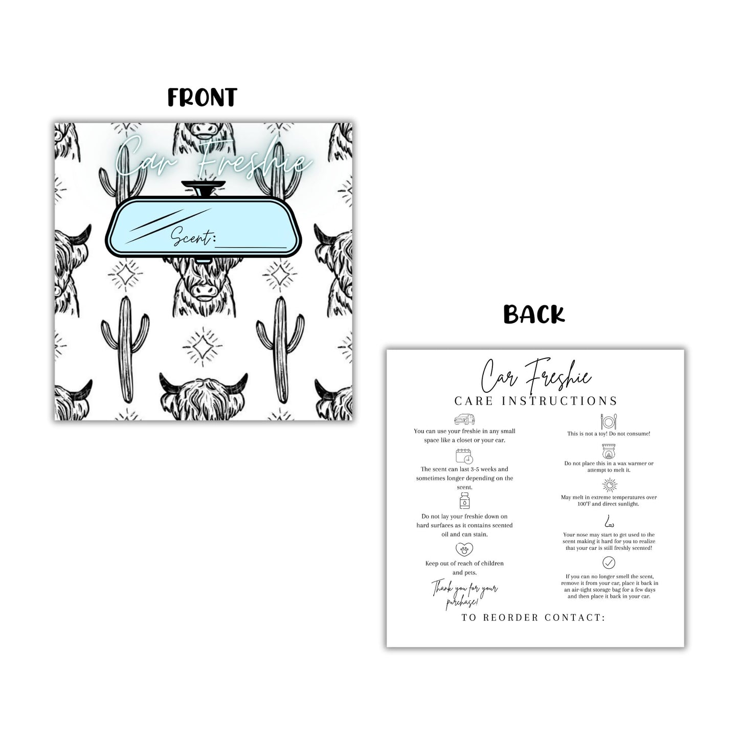 Freshie Bag Cardstock Insert 30pk 5.6x5.6” Ideal for 6” Square Holographic Bags Western Country Rounds Packaging with Care Instructions for Client Cards