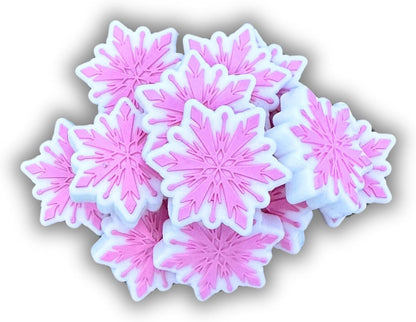 Lashicorn Pink Snowflake Silicone Focal Bead | 12 Pack Christmas Holiday Winter for Freshie Hangers Beaded Pens 1.1” Wholesale Bulk Keychain Brushes