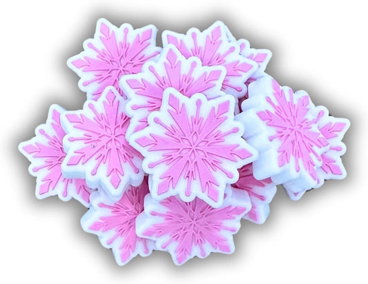 Lashicorn Pink Snowflake Silicone Focal Bead | 12 Pack Christmas Holiday Winter for Freshie Hangers Beaded Pens 1.1” Wholesale Bulk Keychain Brushes