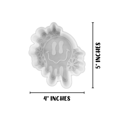 Drip Smiley Face with Flowers Silicone Freshie Mold 5x4” 90’s Retro Trendy Drippy Car Candle Freshener Oven Safe Bake Unique Checkered