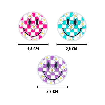 Smiley Checkered Sparkly Face with Flowers Glow in The Dark Circle Clear Silicone Focal Bead Bulk 12pk 2.8cm Mixed Assorted Retro 90’s Pink Teal Purple