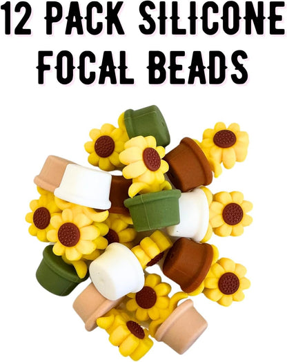Sunflower Silicone Focal Bead Set | 12 Pc Mixed Pack Boho Colors Summer Succulent Green Potted Flower Bulk Wholesale for Keychain Making Kit Pen Freshie Hanger