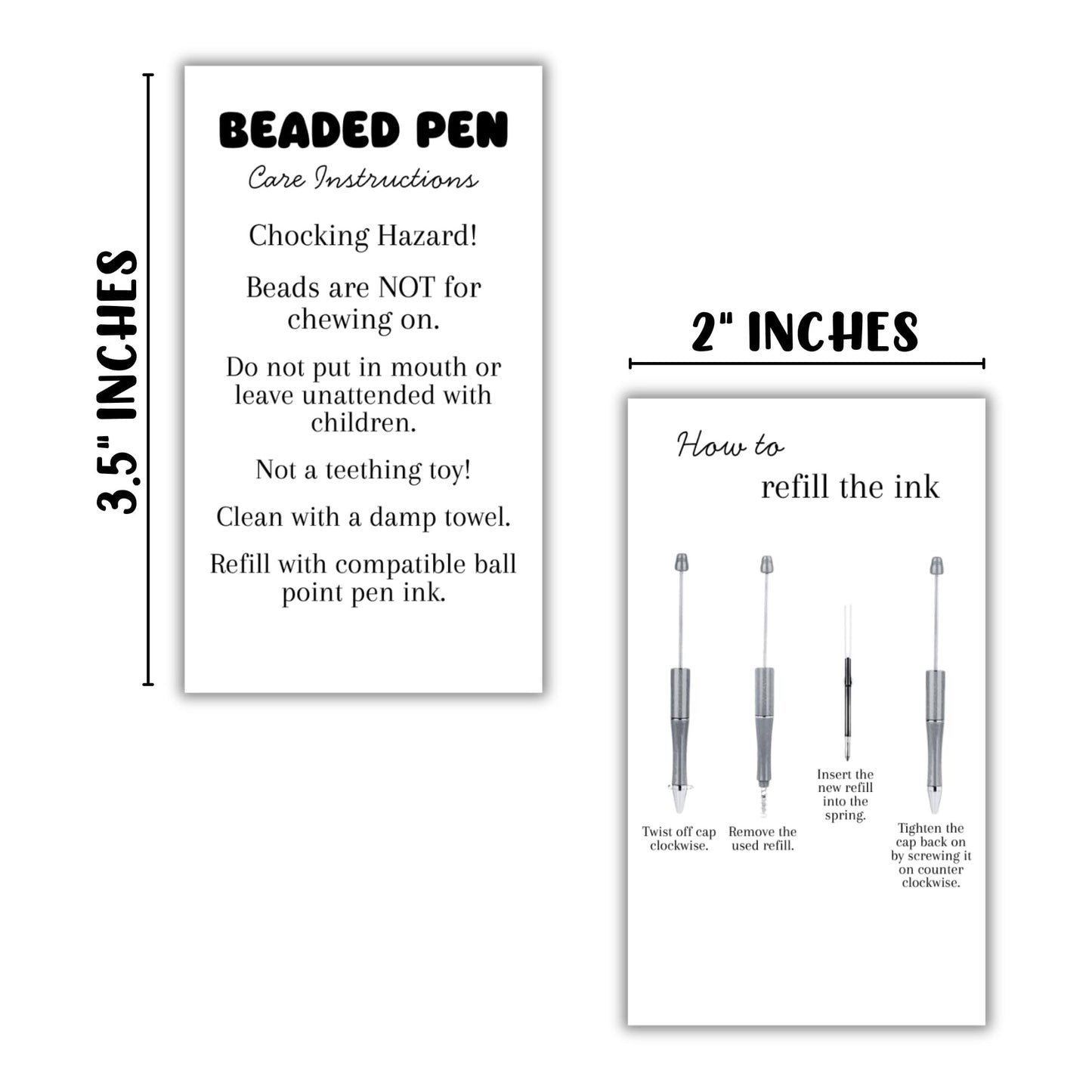 Beaded Pens Care Instruction Cards 50pk 2x3.5” Beadable Blanks for Clients Focal Beads Crafters Keychain Makeup Bottle Opener Bubblegum