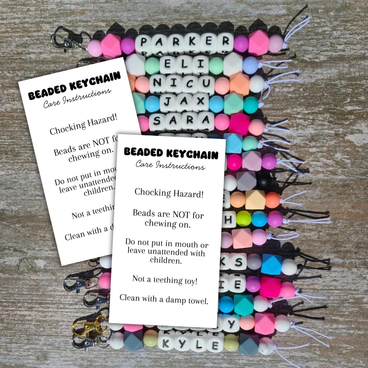 Beaded Keychain Care Instruction Cards 50pk 2x3.5” Beadable Blanks for Clients Focal Beads Crafters Pen Makeup Bottle Opener Bubblegum