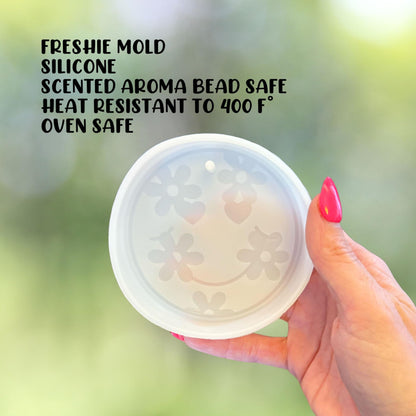 Smiley Face with Flowers Silicone Freshie Mold 4” 90’s Retro Trendy Car Candle Hanger Unique Drip Design DIY Oven Bake Scented